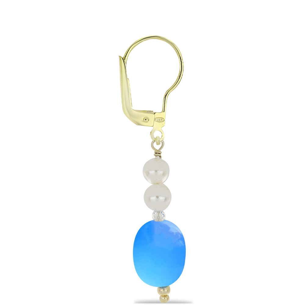 Pendientes de Plata Bañada en Oro con Calcedonia Aqua y Cuarzo Blanco