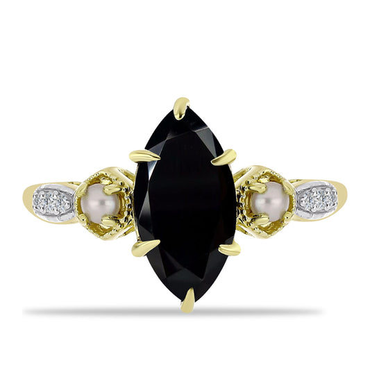 Anillo de Plata Bañada en Oro con Ónix negro de Suwar y Perla de Agua Dulce