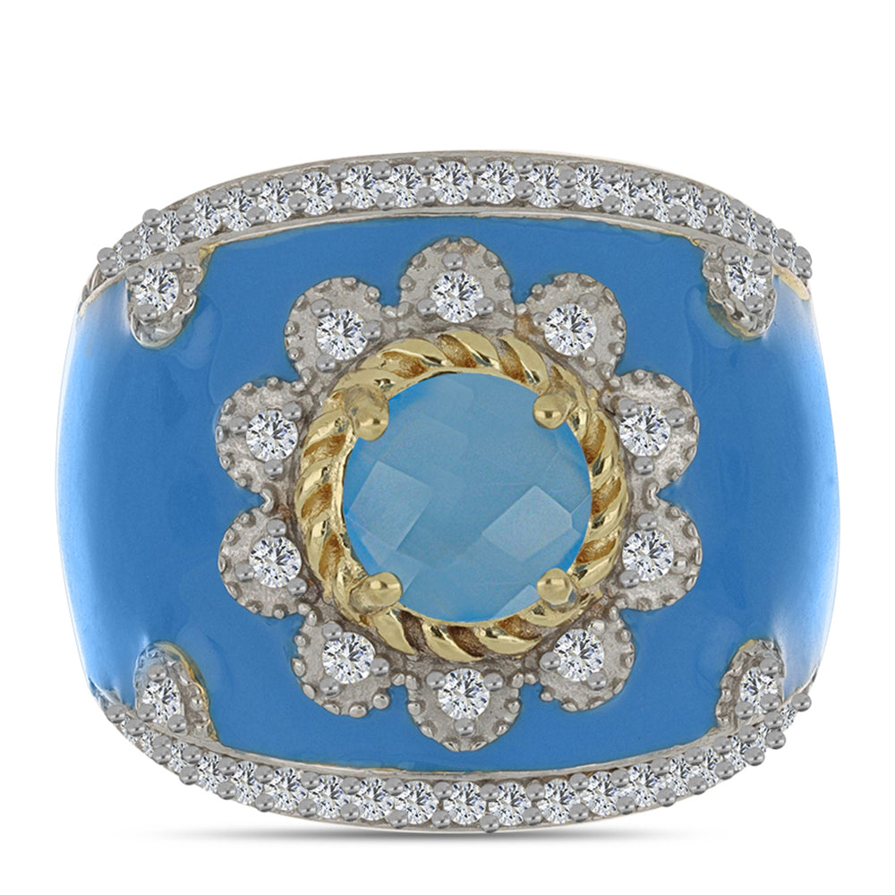 Anillo de Plata Bañada en Oro con Calcedonia Aqua y Topacio Blanco 1 