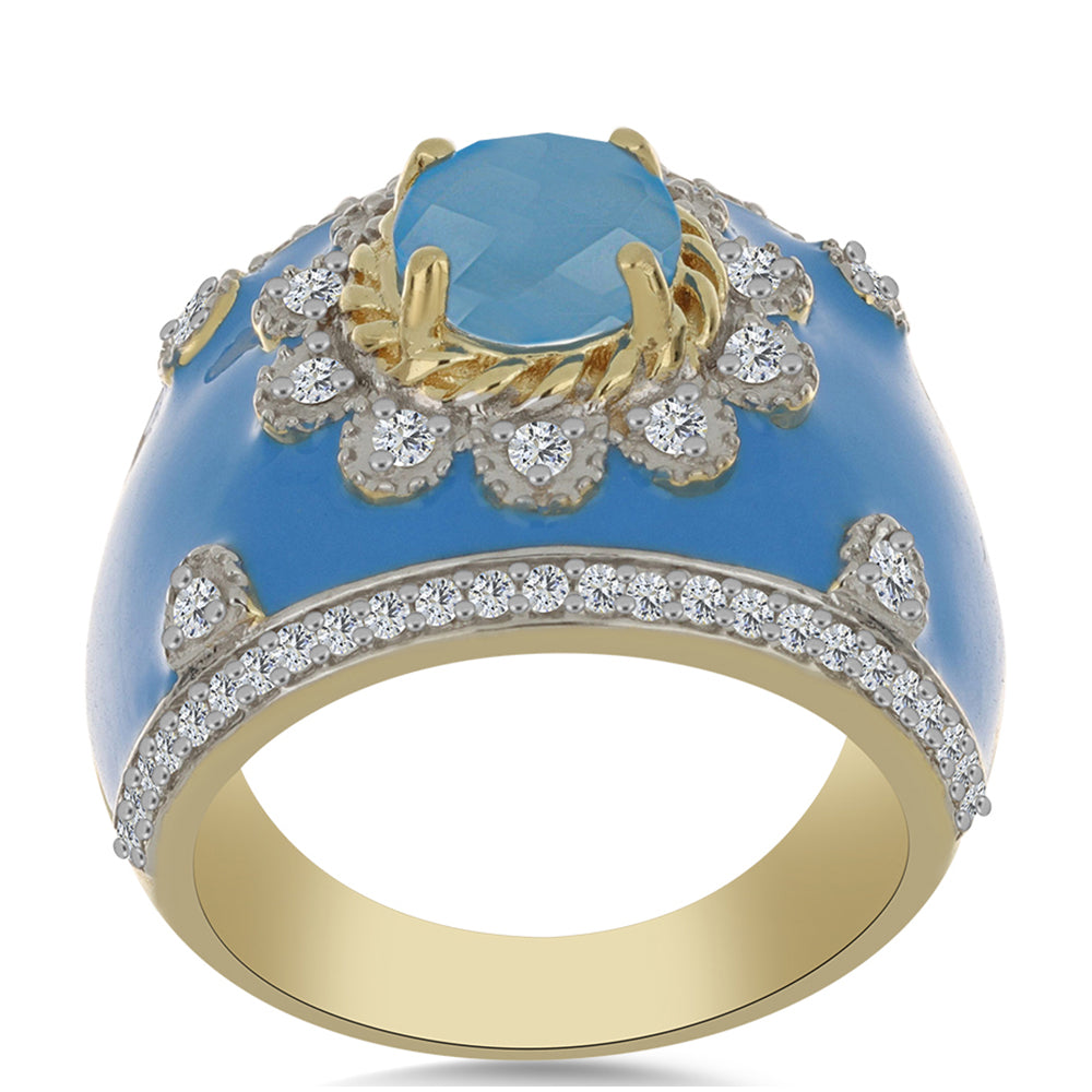 Anillo de Plata Bañada en Oro con Calcedonia Aqua y Topacio Blanco