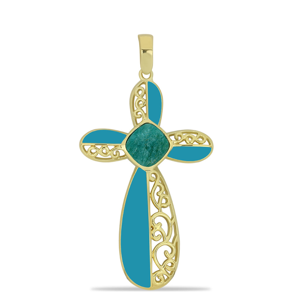 Cruz Colgante de Plata Bañada en Oro con Amazonita 1 