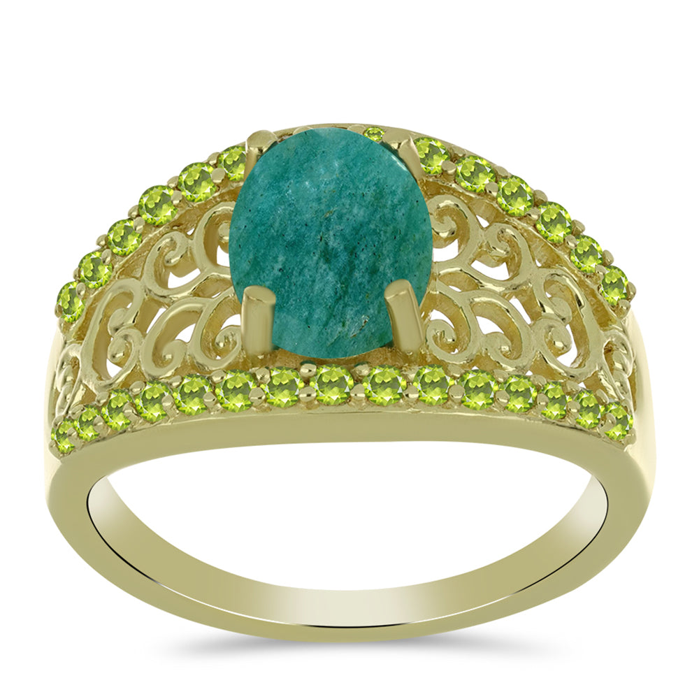 Anillo de Plata Bañada en Oro con Amazonita y Peridoto de Changbai