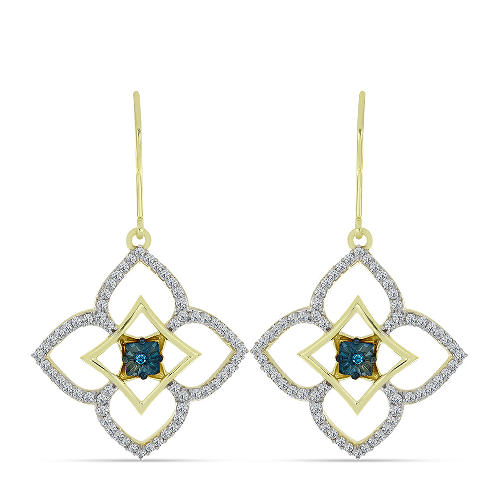Pendientes de Plata Bañada en Oro con Diamante Azul y Topacio Blanco