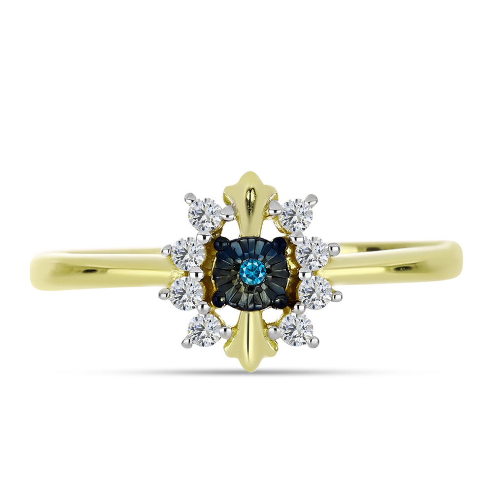Anillo de Plata Bañada en Oro con Diamante Azul y Topacio Blanco