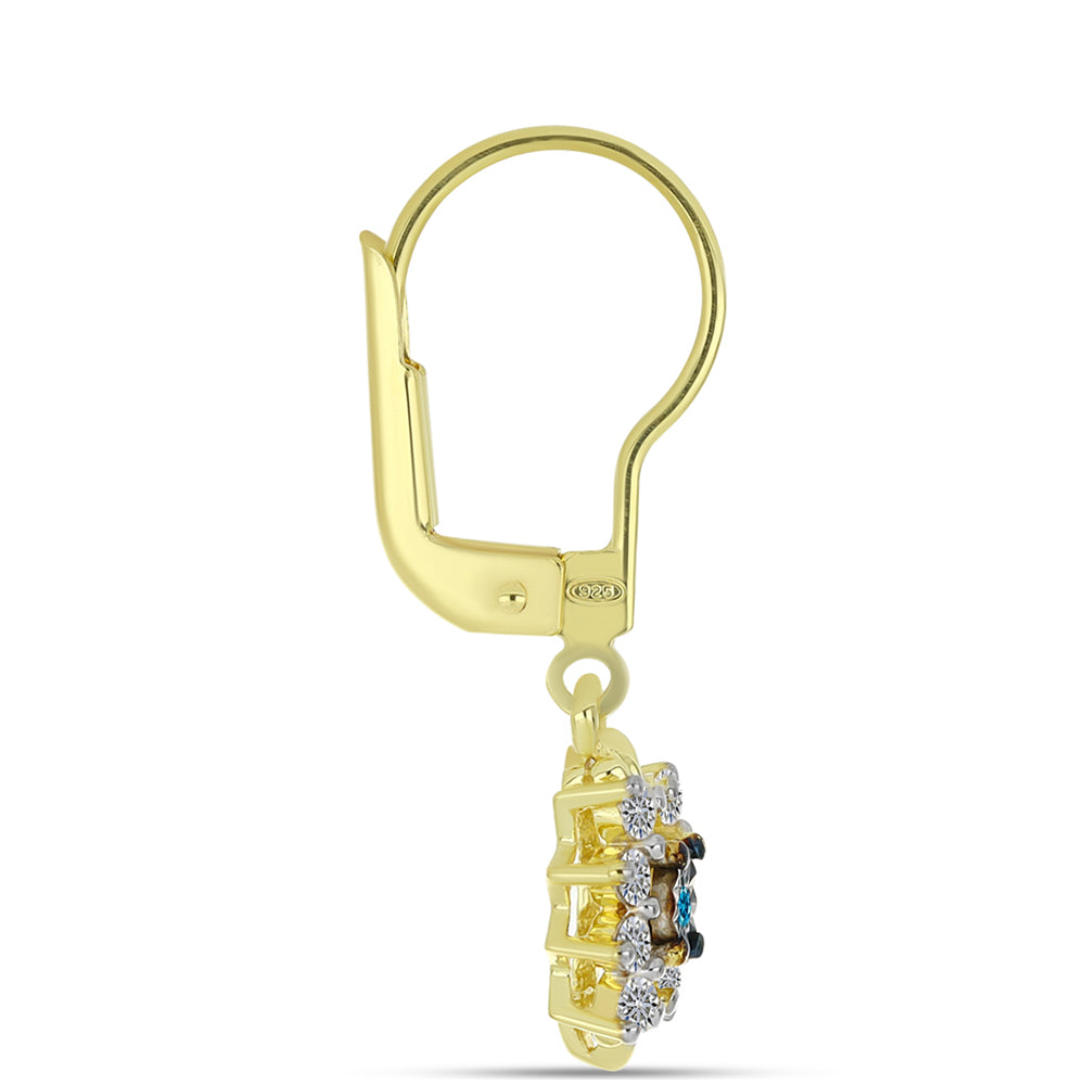 Pendientes de Plata Bañada en Oro con Diamante Azul y Topacio Blanco 2 