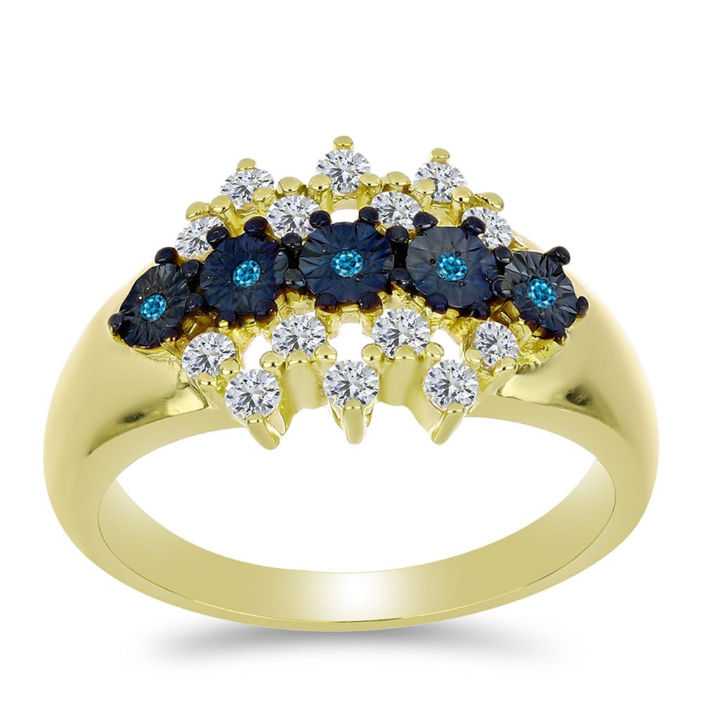 Anillo de Plata Bañada en Oro con Diamante Azul y Topacio Blanco 3 