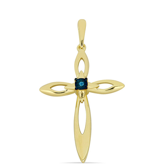 Cruz Colgante de Plata Bañada en Oro con Diamante Azul