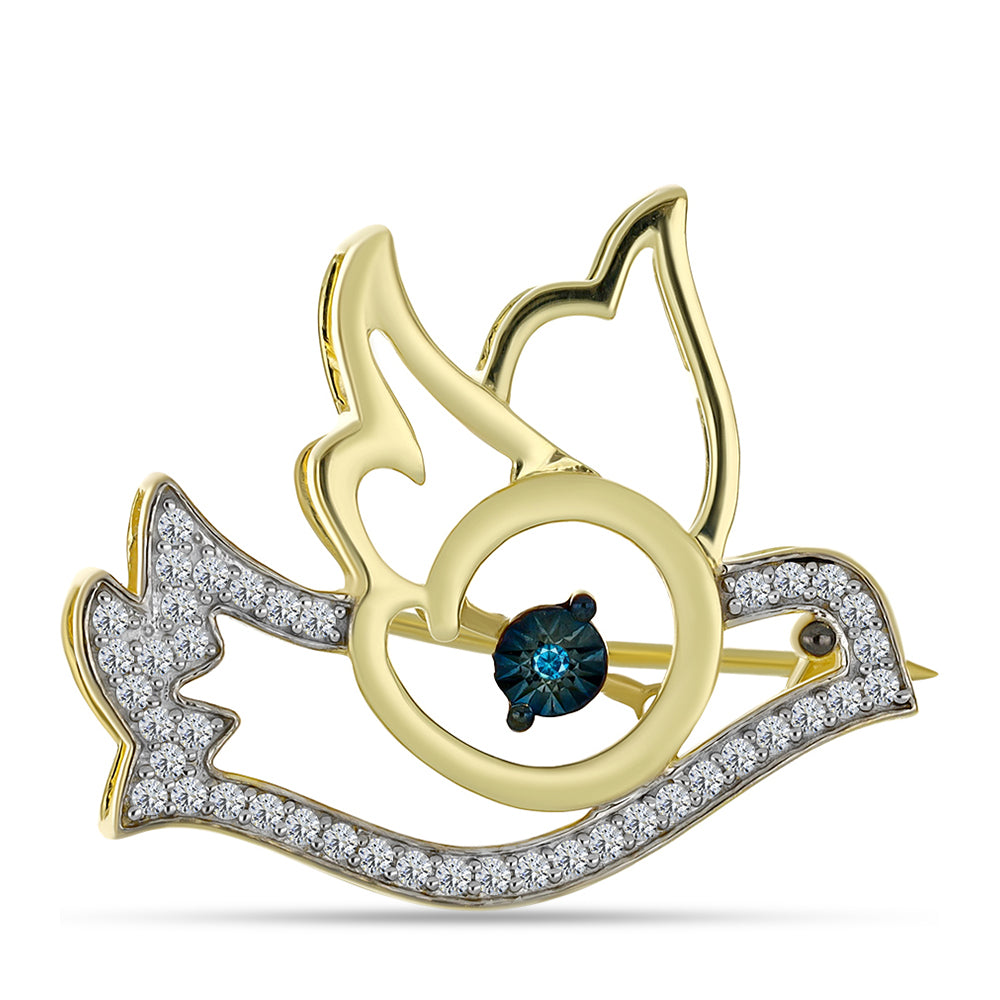 Broche de Plata Bañada en Oro con Diamante Azul y Topacio Blanco