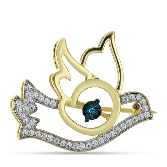 Broche de Plata Bañada en Oro con Diamante Azul y Topacio Blanco