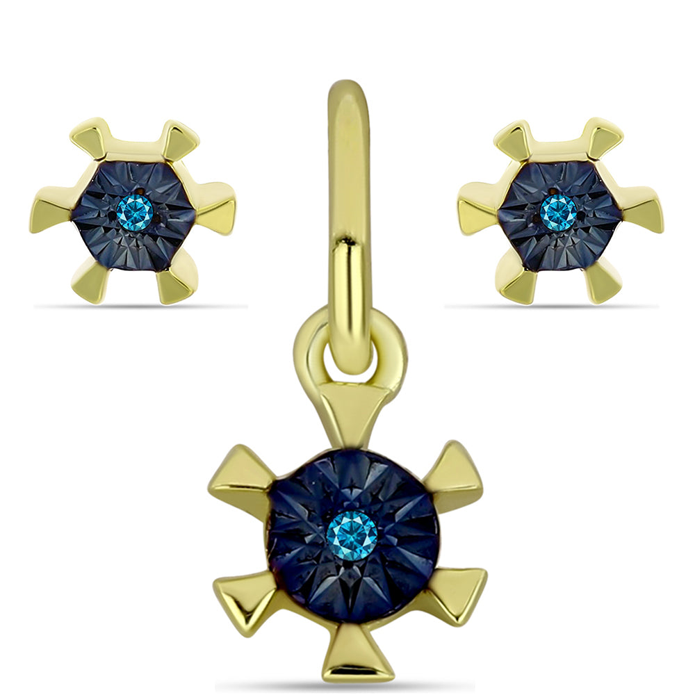 Conjunto de Plata Bañada en Oro con Diamante Azul ( Pendientes +Colgante ) 1 