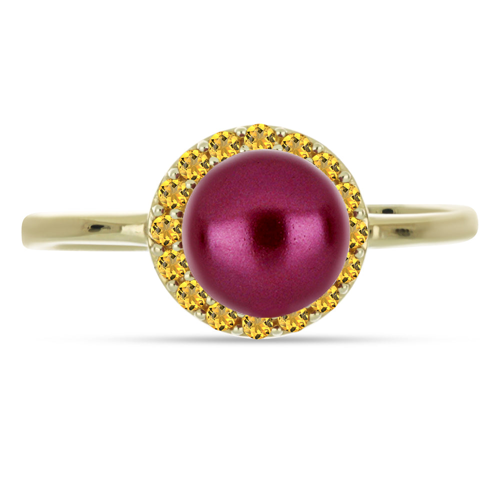 Anillo de Plata Bañada en Oro con Perla Púrpura de Agua dulce y Citrino de los Montes Urales