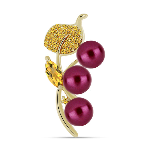 Broche de Plata Bañada en Oro con Perla Púrpura de Agua dulce y Citrino de los Montes Urales