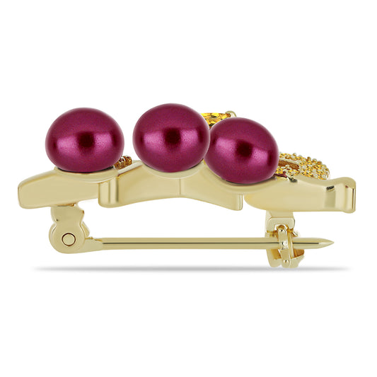 Broche de Plata Bañada en Oro con Perla Púrpura de Agua dulce y Citrino de los Montes Urales