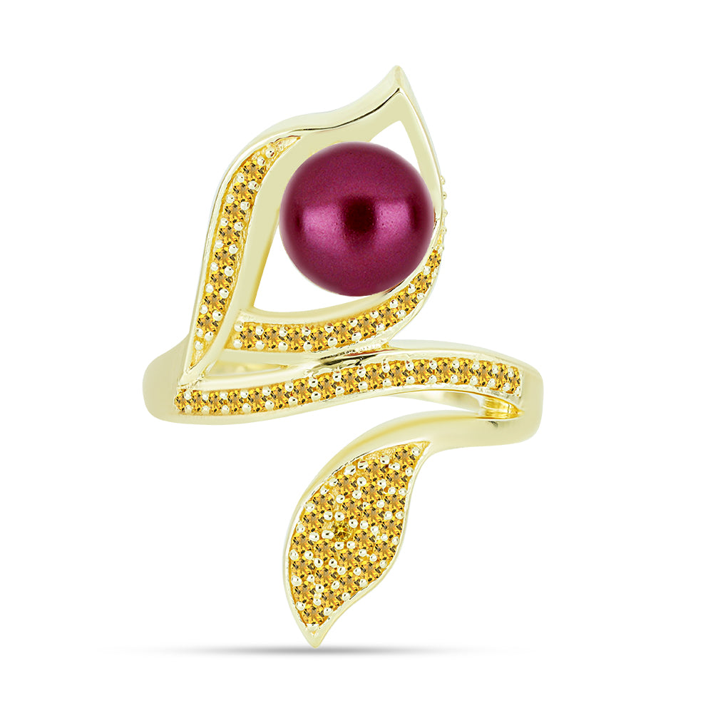 Anillo de Plata Bañada en Oro con Perla Púrpura de Agua dulce y Citrino de los Montes Urales 1 