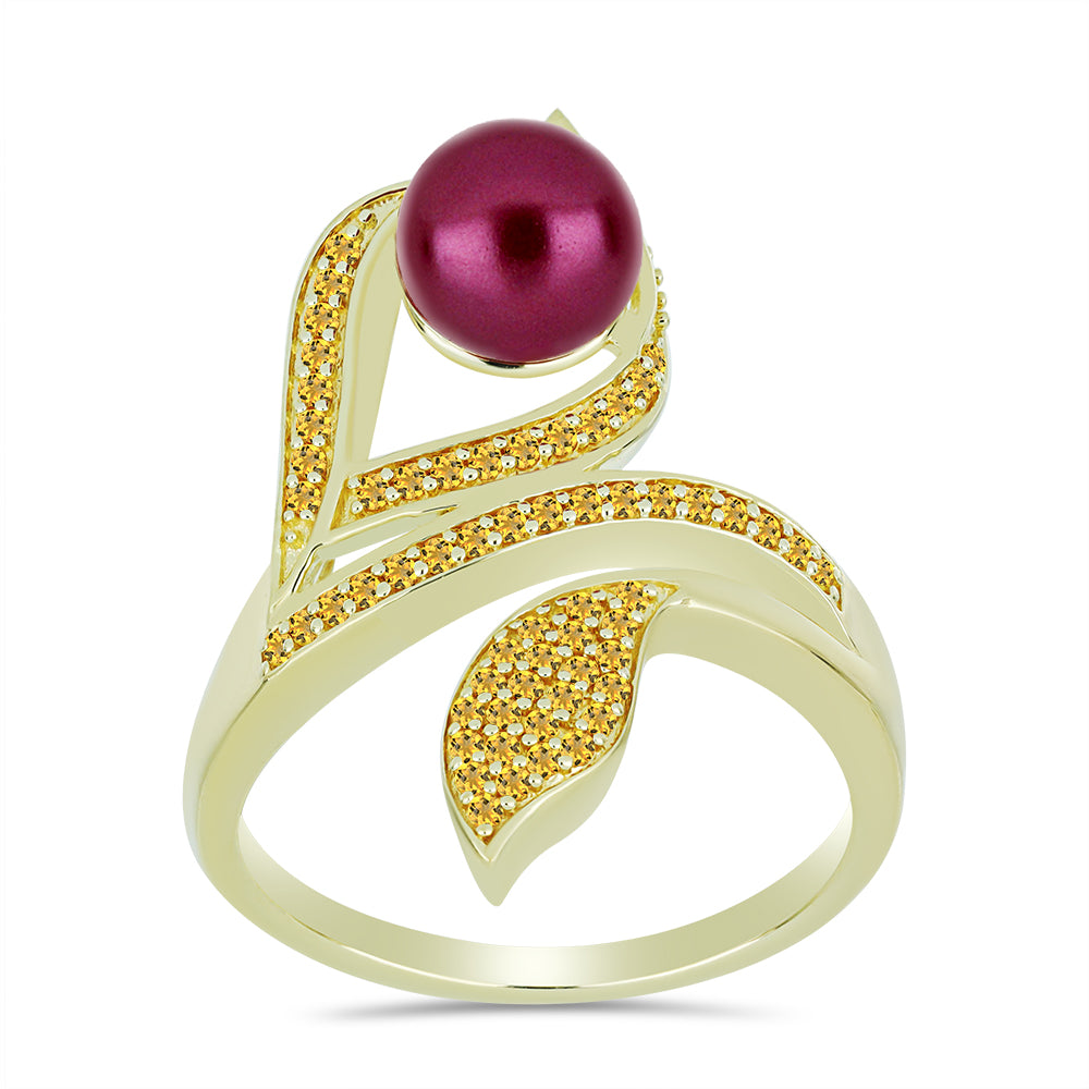 Anillo de Plata Bañada en Oro con Perla Púrpura de Agua dulce y Citrino de los Montes Urales