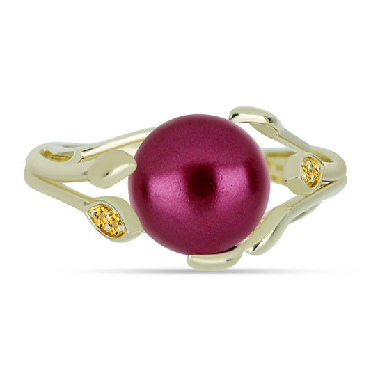 Anillo de Plata Bañada en Oro con Perla Púrpura de Agua dulce y Citrino de los Montes Urales