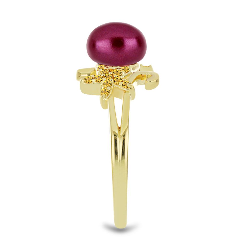 Anillo de Plata Bañada en Oro con Perla Púrpura de Agua dulce y Citrino de los Montes Urales