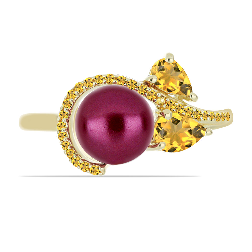 Anillo de Plata Bañada en Oro con Perla Púrpura de Agua dulce y Citrino de los Montes Urales 1 