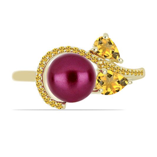 Anillo de Plata Bañada en Oro con Perla Púrpura de Agua dulce y Citrino de los Montes Urales