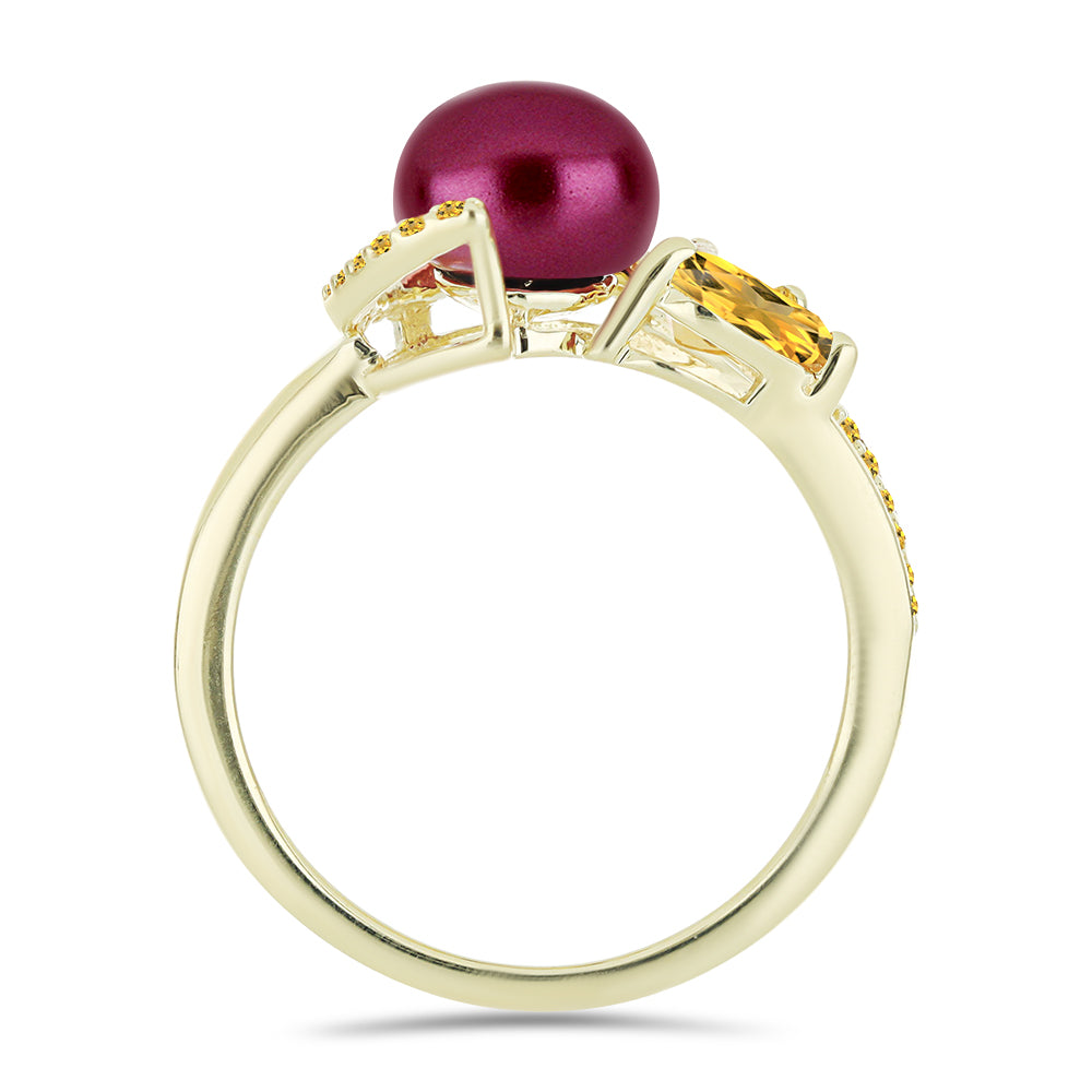 Anillo de Plata Bañada en Oro con Perla Púrpura de Agua dulce y Citrino de los Montes Urales 2 