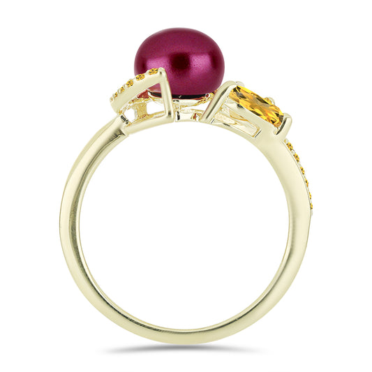 Anillo de Plata Bañada en Oro con Perla Púrpura de Agua dulce y Citrino de los Montes Urales