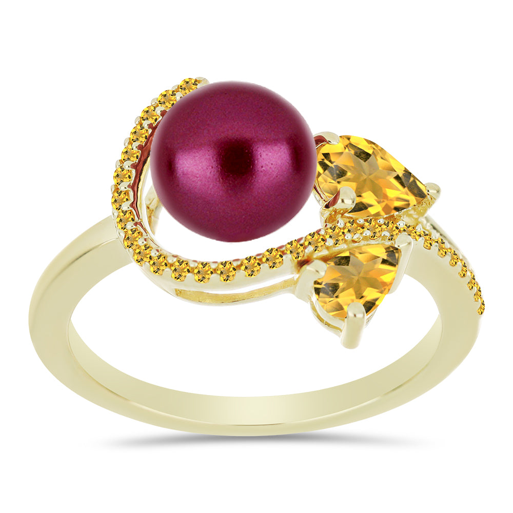 Anillo de Plata Bañada en Oro con Perla Púrpura de Agua dulce y Citrino de los Montes Urales 3 