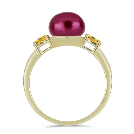 Anillo de Plata Bañada en Oro con Perla Púrpura de Agua dulce y Citrino de los Montes Urales