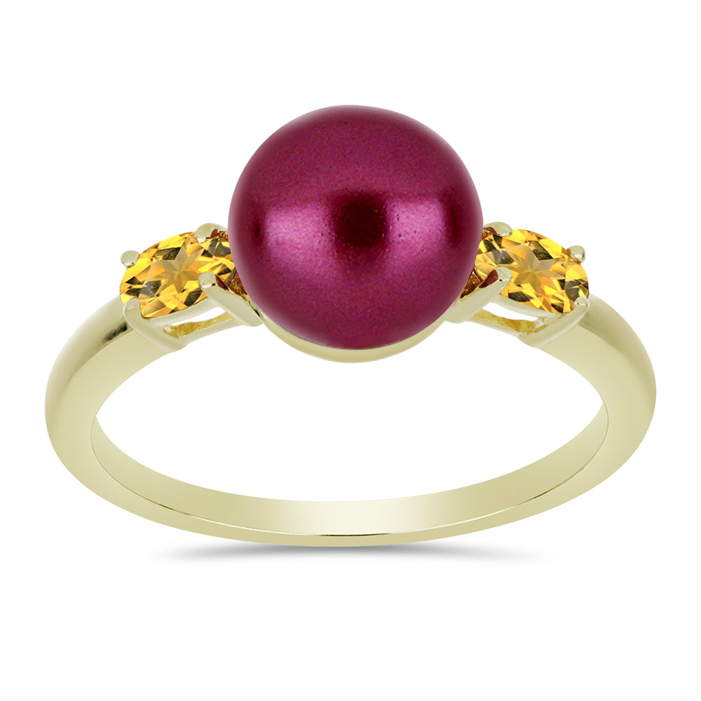 Anillo de Plata Bañada en Oro con Perla Púrpura de Agua dulce y Citrino de los Montes Urales