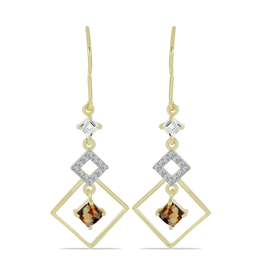 Pendientes de Plata Bañada en Oro con Cuarzo Coñac y Topacio Blanco 1 