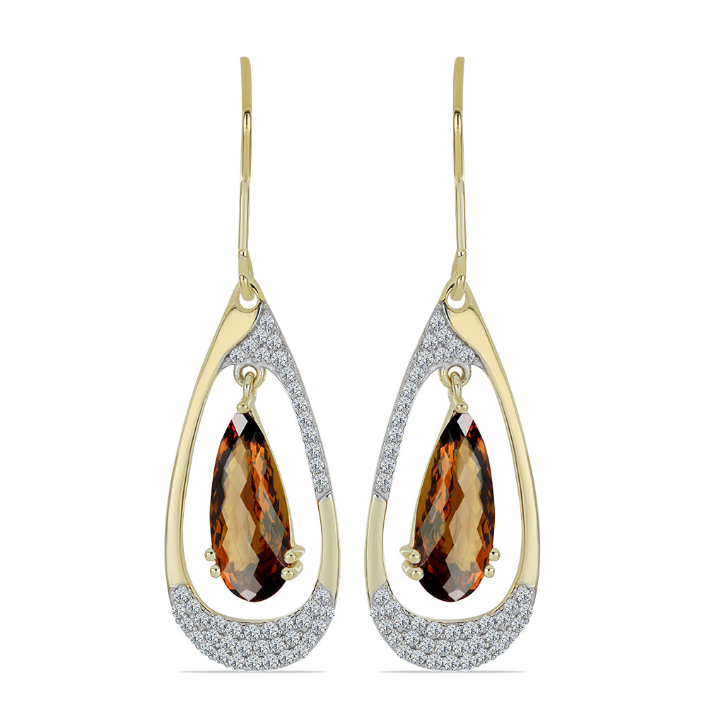 Pendientes de Plata Bañada en Oro con Cuarzo Coñac y Topacio Blanco 1 