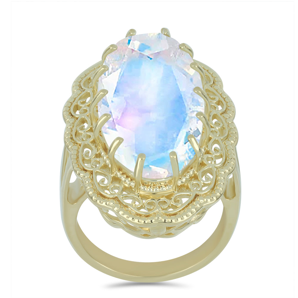 Anillo de Plata Bañada en Oro con Piedra Lunar Arco Iris
