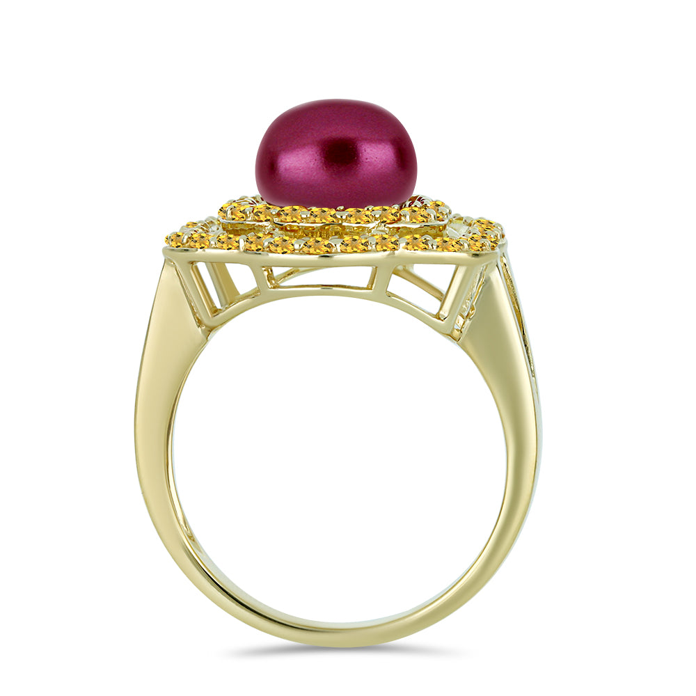 Anillo de Plata Bañada en Oro con Perla Púrpura de Agua dulce y Citrino de los Montes Urales 2 