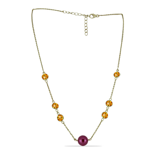 Collar de Plata Bañada en Oro con Perla Púrpura de Agua dulce y Citrino de los Montes Urales