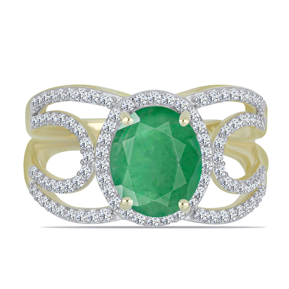 Anillo de Plata Bañada en Oro con Esmeralda de Brasil y Topacio Blanco