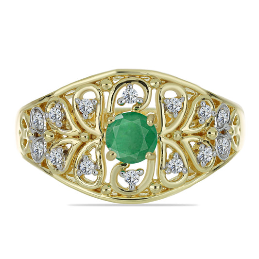 Anillo de Plata Bañada en Oro con Esmeralda de Brasil y Topacio Blanco