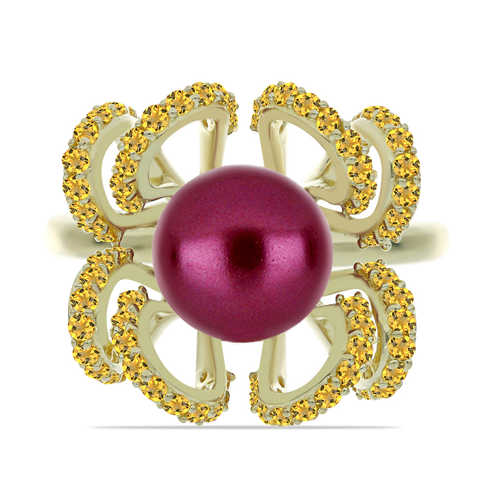 Anillo de Plata Bañada en Oro con Perla Púrpura de Agua dulce y Citrino de los Montes Urales 1 