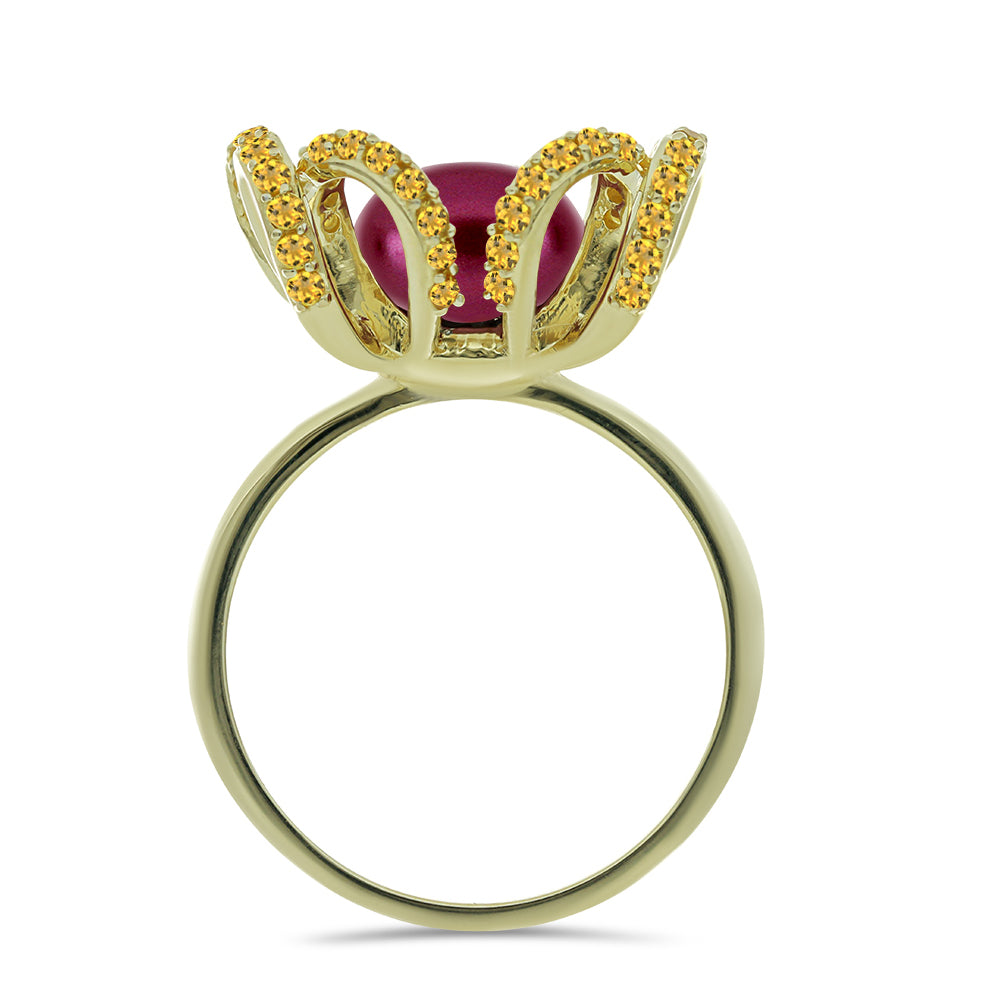 Anillo de Plata Bañada en Oro con Perla Púrpura de Agua dulce y Citrino de los Montes Urales 2 