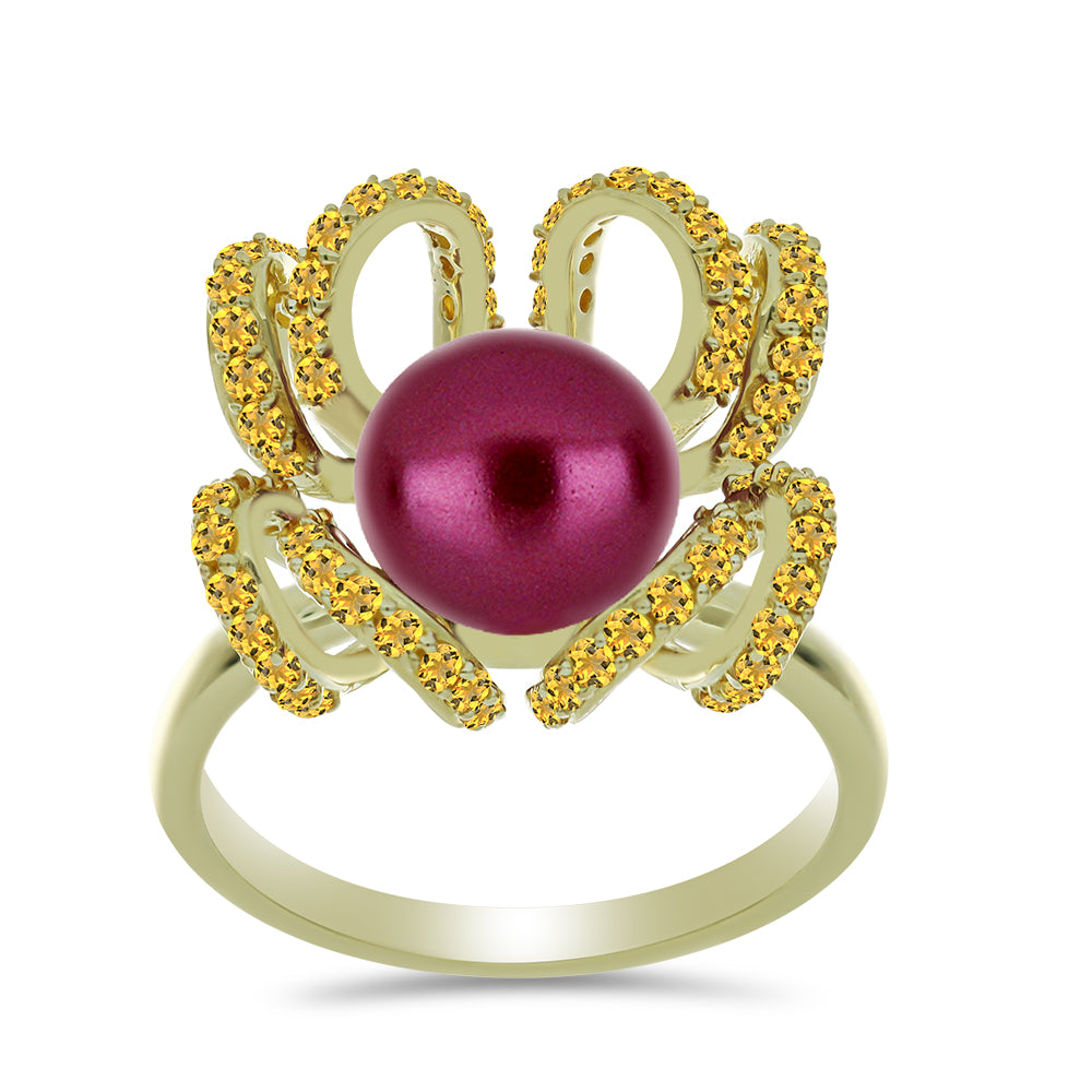 Anillo de Plata Bañada en Oro con Perla Púrpura de Agua dulce y Citrino de los Montes Urales