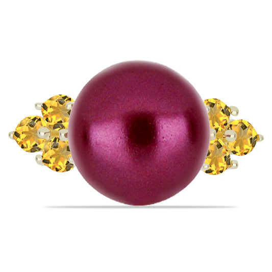 Anillo de Plata Bañada en Oro con Perla Púrpura de Agua dulce y Citrino de los Montes Urales