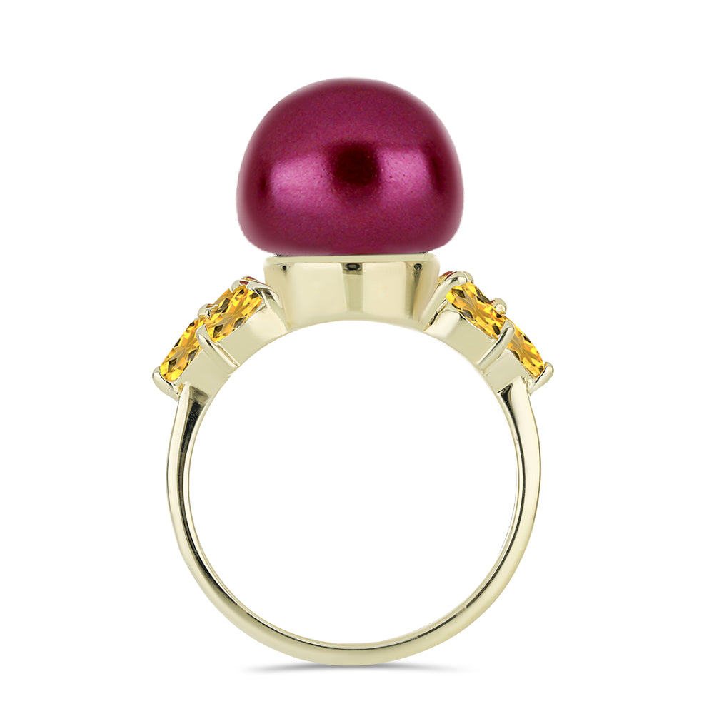 Anillo de Plata Bañada en Oro con Perla Púrpura de Agua dulce y Citrino de los Montes Urales 2 