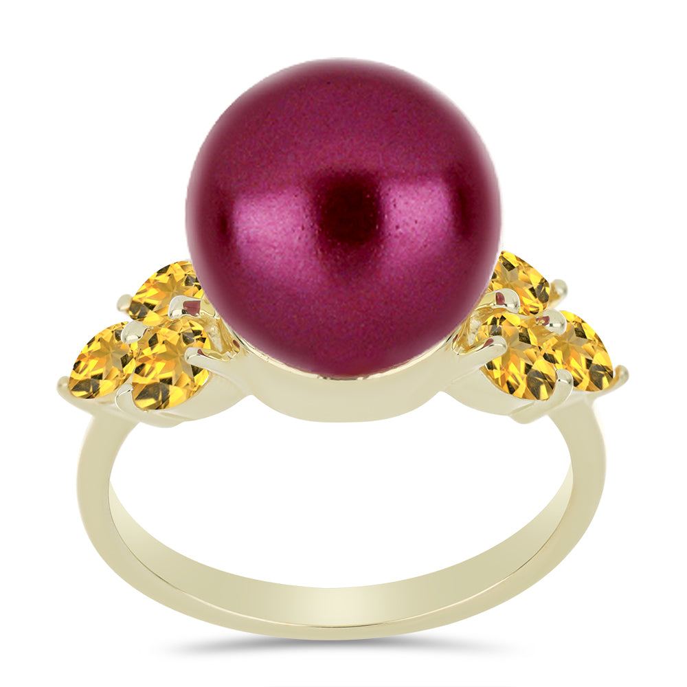Anillo de Plata Bañada en Oro con Perla Púrpura de Agua dulce y Citrino de los Montes Urales 3 