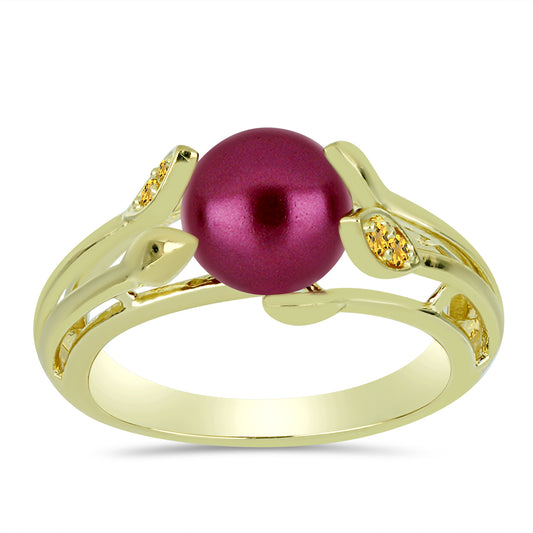 Anillo de Plata Bañada en Oro con Perla Púrpura de Agua dulce y Citrino de los Montes Urales