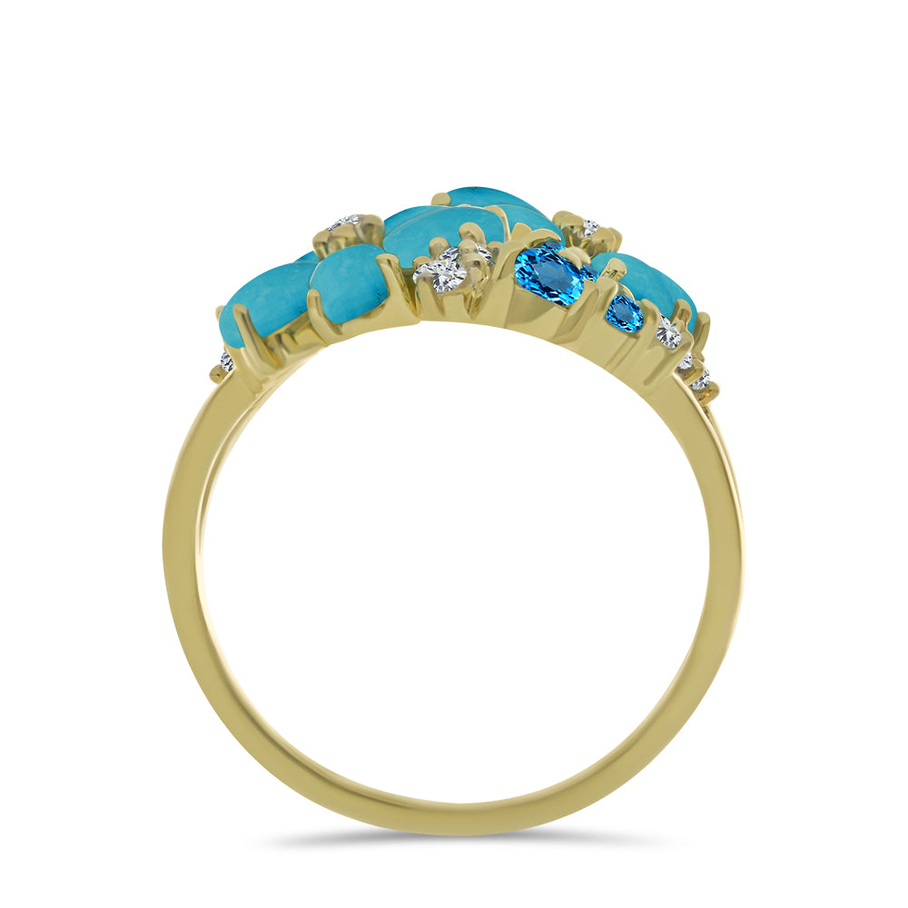 Anillo de Plata Bañada en Oro con Turquesa Bella Durmiente y Topacio Azul Suizo 2 