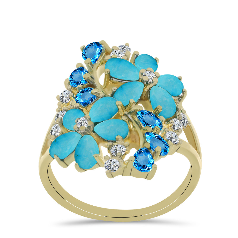 Anillo de Plata Bañada en Oro con Turquesa Bella Durmiente y Topacio Azul Suizo 3 