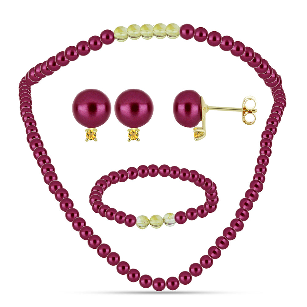 Conjunto Pepita con Perla Púrpura de Agua dulce y Citrino de los Montes Urales ( Collar +Pendientes +Pulsera ) 1 