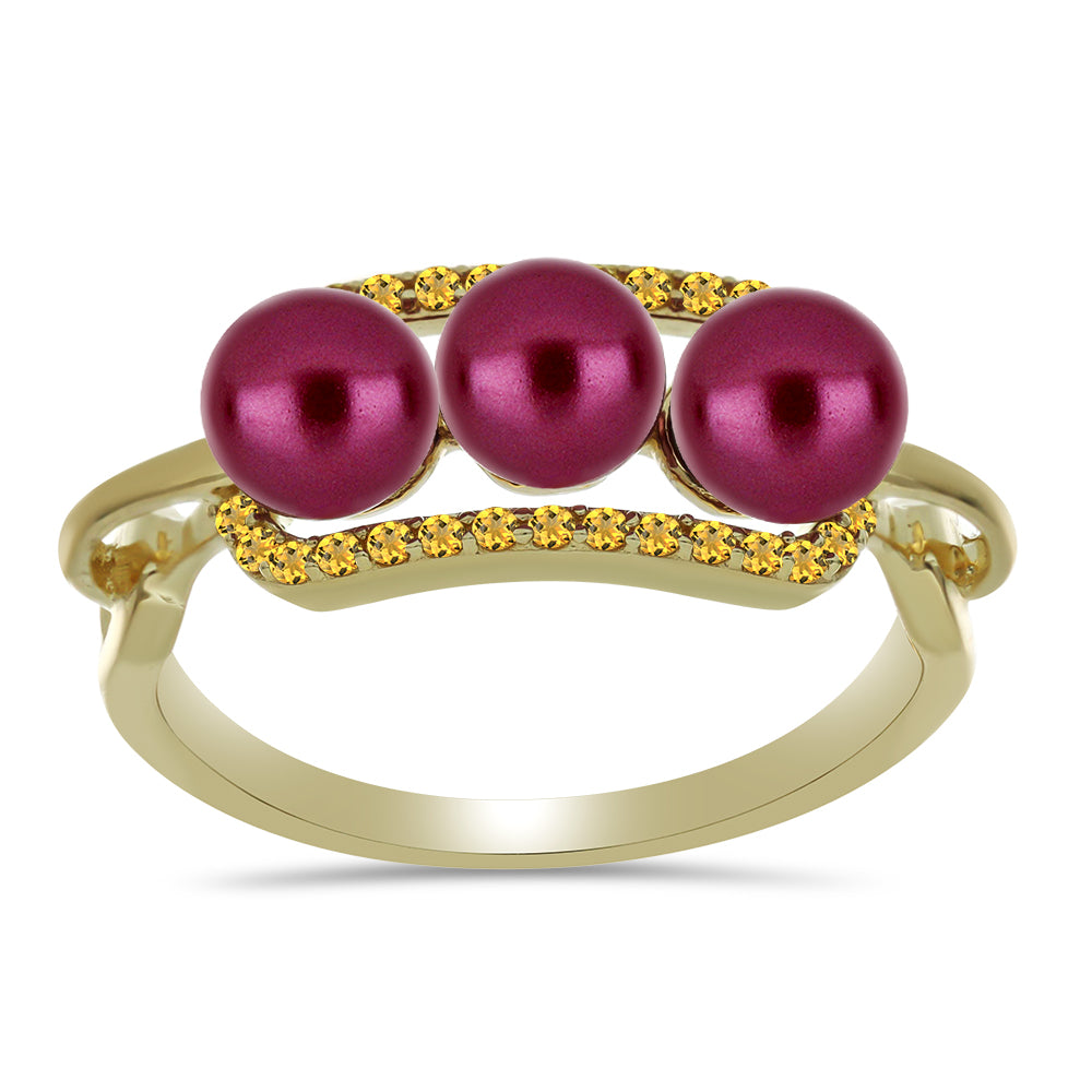 Anillo de Plata Bañada en Oro con Perla Púrpura de Agua dulce y Citrino de los Montes Urales