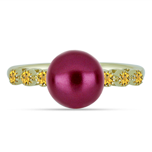 Anillo de Plata Bañada en Oro con Perla Púrpura de Agua dulce y Citrino de los Montes Urales