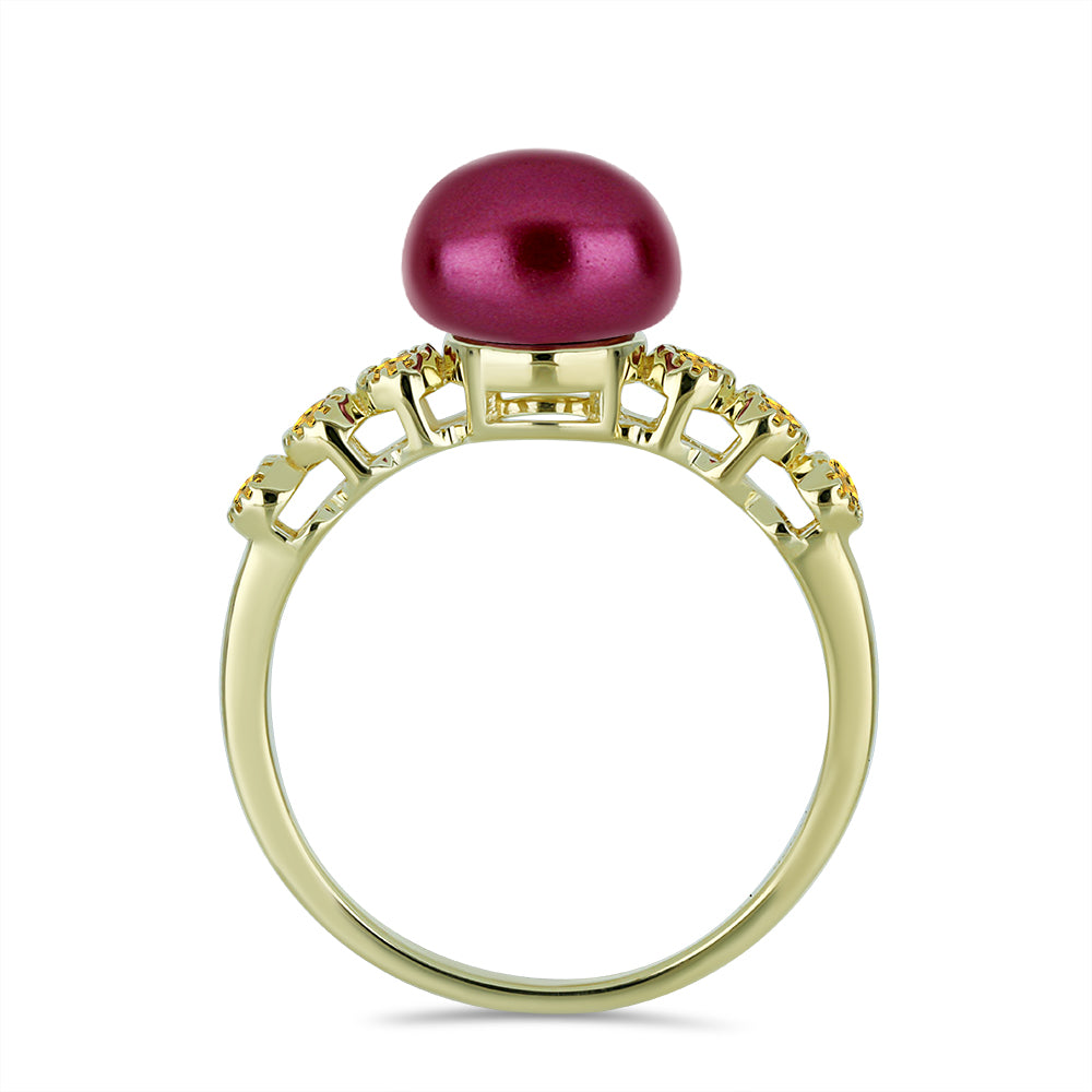 Anillo de Plata Bañada en Oro con Perla Púrpura de Agua dulce y Citrino de los Montes Urales 2 
