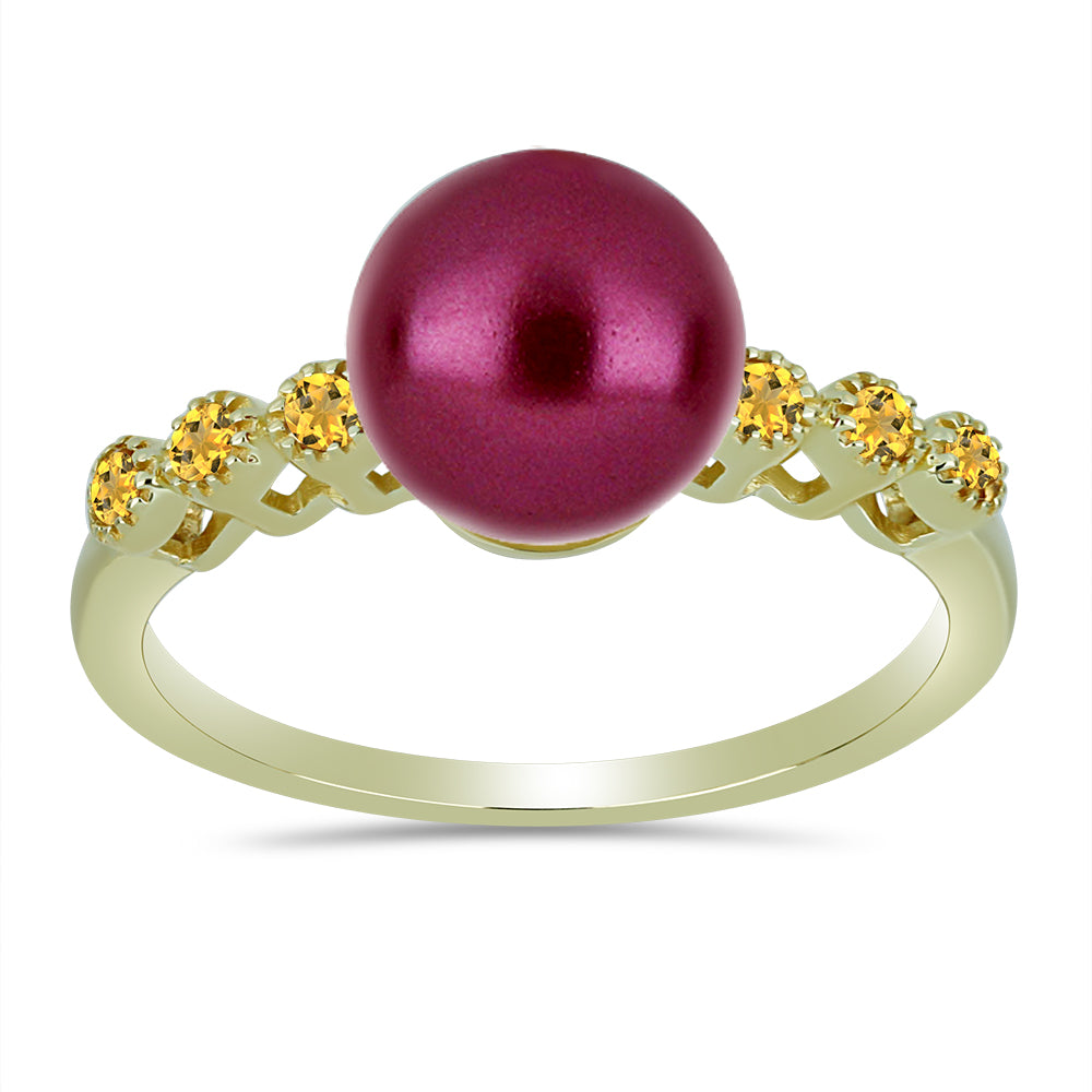Anillo de Plata Bañada en Oro con Perla Púrpura de Agua dulce y Citrino de los Montes Urales
