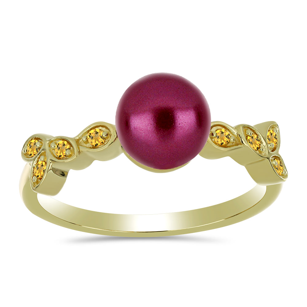 Anillo de Plata Bañada en Oro con Perla Púrpura de Agua dulce y Citrino de los Montes Urales 3 